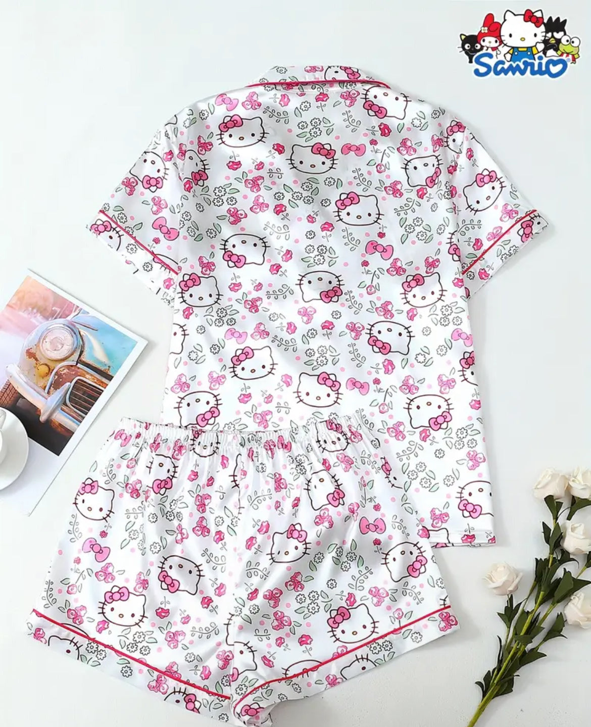 Pijama Satin blanco con rosa