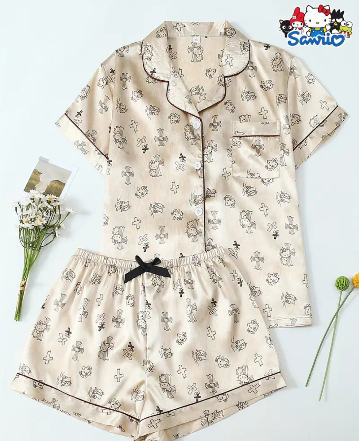 Pijama satin beige estampado