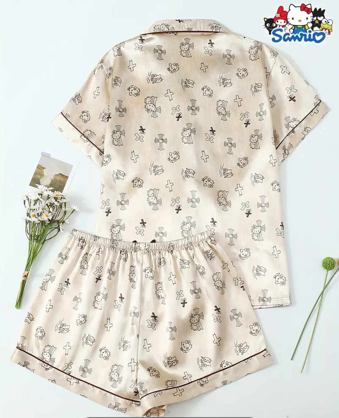 Pijama satin beige estampado